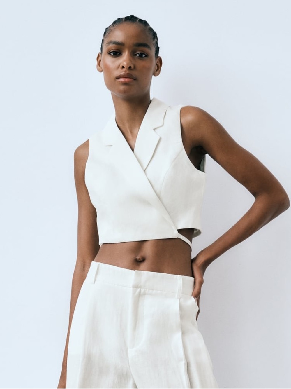 Zara Linen Blend Tailored Sleeveless Crop Vest